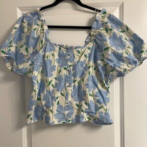 Who What Wear Blue Floral Crop Top Puff Sleeve Linen Size XL